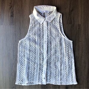 Crochet See Through Sleeveless Top White Lace Size S Retro Collared 60s Mod